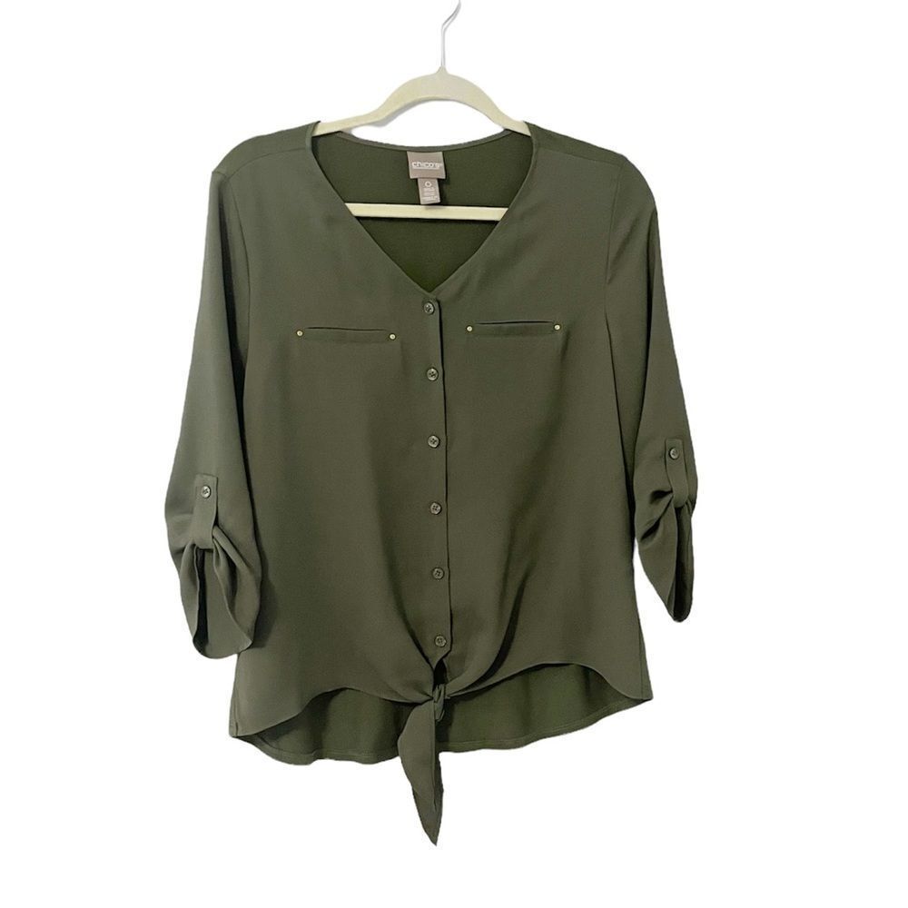 Chicos Olive Roll Tab Sleeve Front Tie Button Down Blouse Size 0 (S)